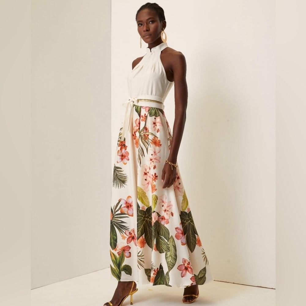 FEHAUTE Floral Maxi Dress in Cream Size 4 NWT *no belt